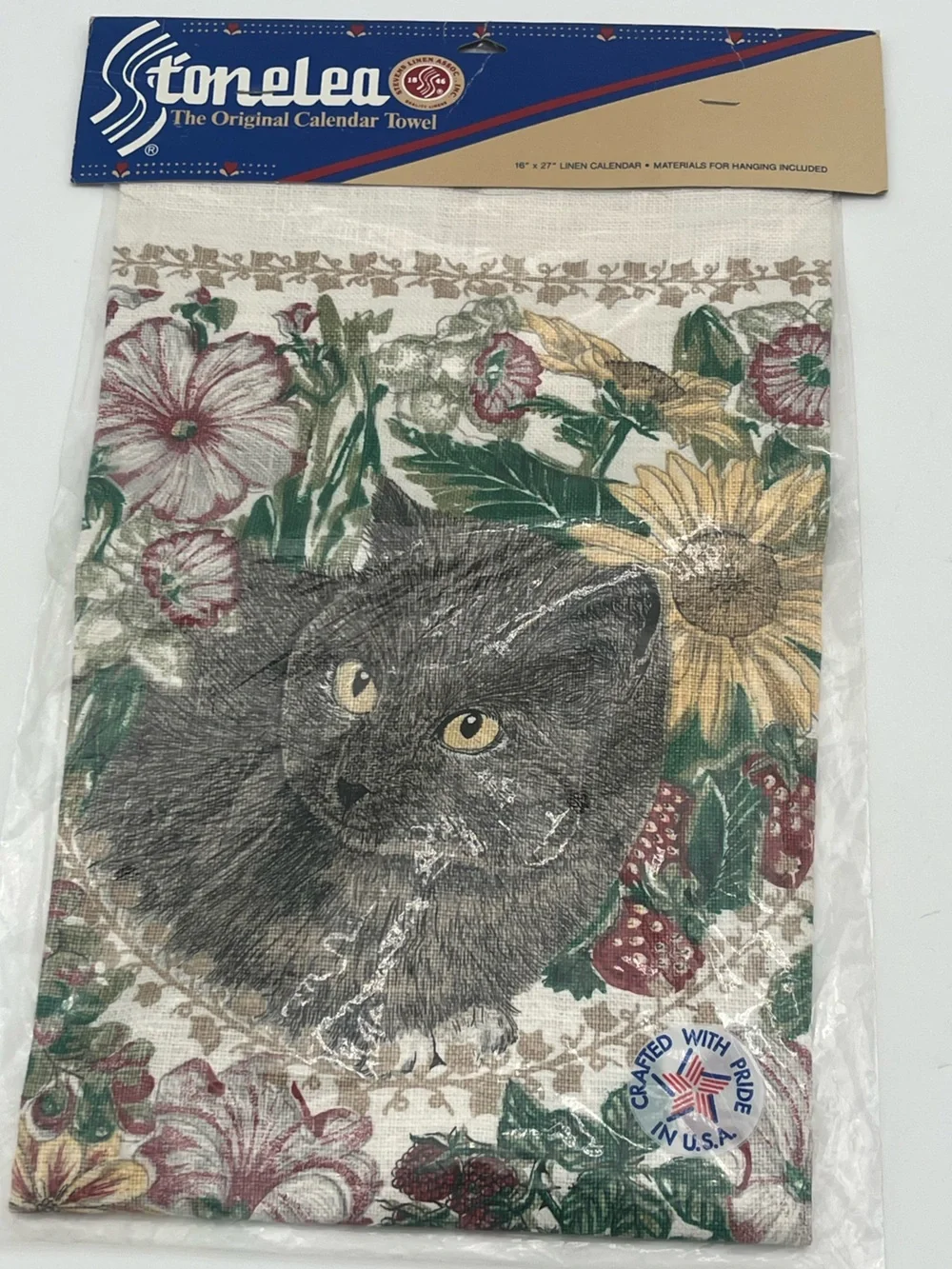 Vintage Cat Tea towel hanging calendar 1993 Floral Cottagecore sunflower 90s